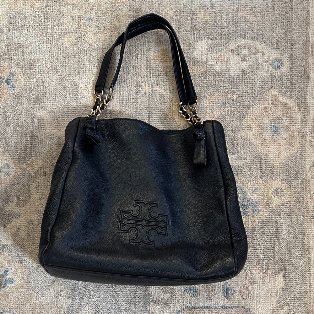 Tory Burch Black Leather Tote Bag.